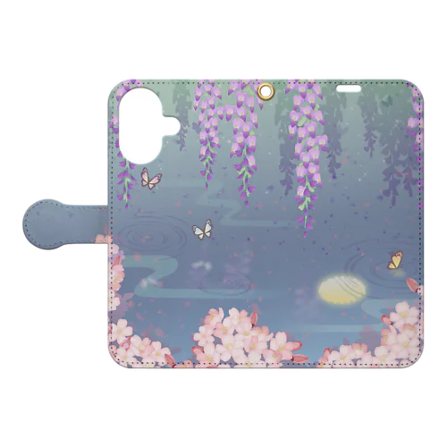 大人カワイイ藤桜と蝶の和風手帳型スマホケース★青藍色 Book-Style Smartphone Case