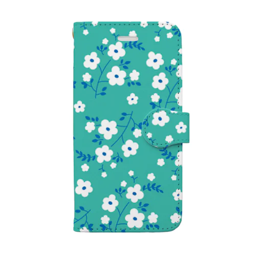 白い花柄緑背景 Book-Style Smartphone Case