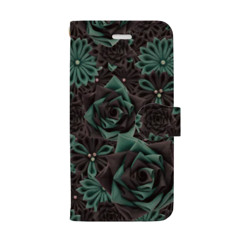 グリーンローズ手帳型スマホケース【つまみ細工漣】 Book-Style Smartphone Case