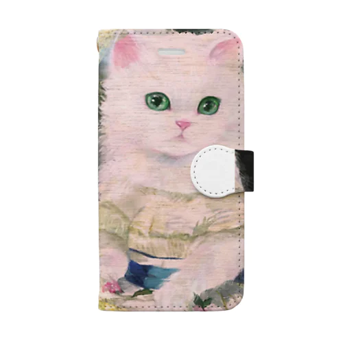 ドレスを着た白い子猫のアンティーク風肖像画 Book-Style Smartphone Case