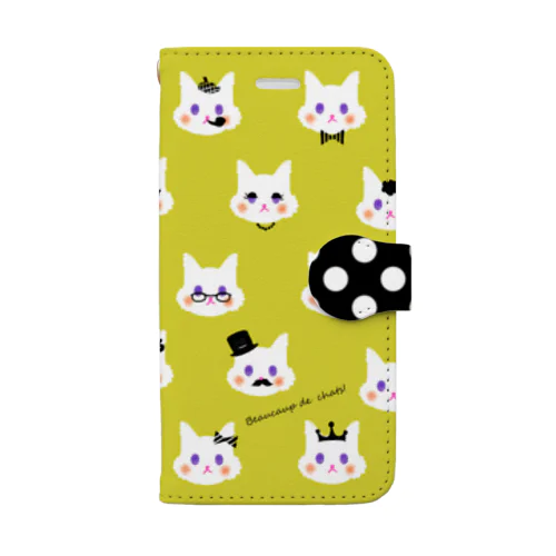 おしゃれネコづくし！ 黄色×水玉 手帳型スマホケース Book-Style Smartphone Case