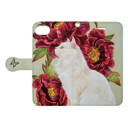 黒い牡丹と白猫 Book-Style Smartphone Case