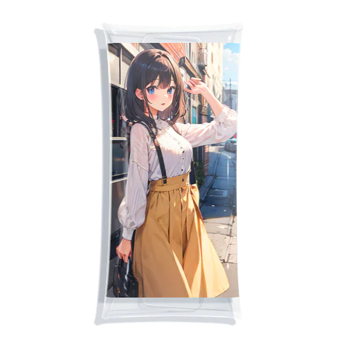 A young girl with blue hair. She is holding a black purse and looking up. A cute girl with blue hair,wearing a yellow sk Clear Multipurpose Case