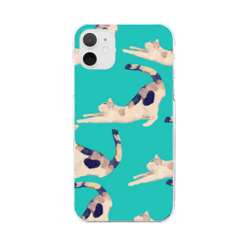 三毛猫 伸び～ うじゃ グリーン Clear Smartphone Case