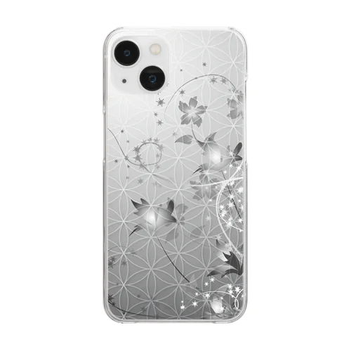 フラワーオブライフ【幸運、運気アップ】iPhoneケース、かっこいい花柄シルバー Clear Smartphone Case