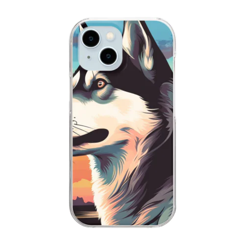 シベリアンハスキーと夕日 Clear Smartphone Case
