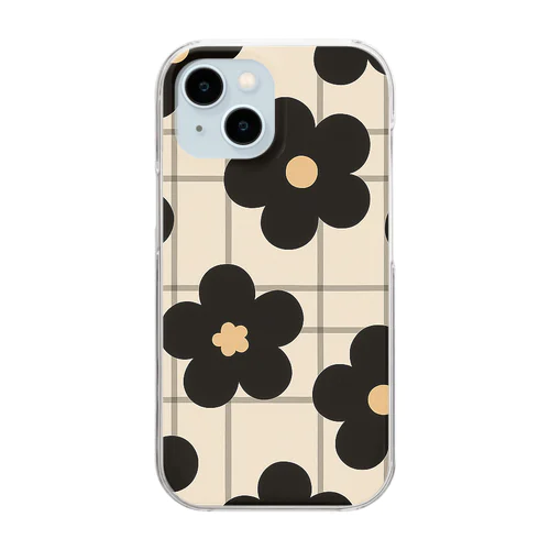 ゆるっとかわいい、黒花チェック柄 Clear Smartphone Case