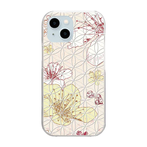 フラワーオブライフ【幸運、運気アップ】iPhoneケース、桜の花柄ピンク、大人っぽいデザイン Clear Smartphone Case