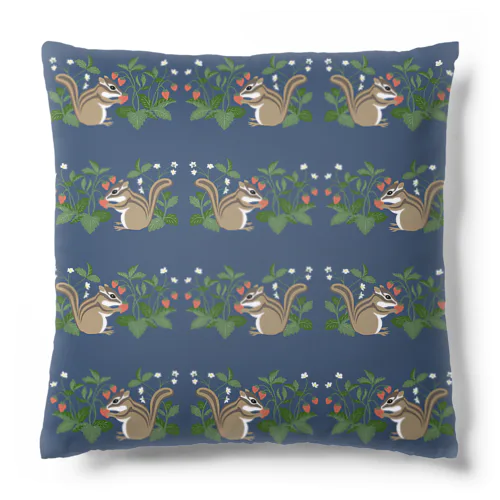 野いちごとシマリスのクッション　紺 Cushion