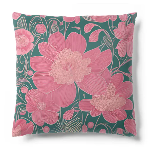 昭和レトロ クラシックなピンクの花柄デザイン Cushion