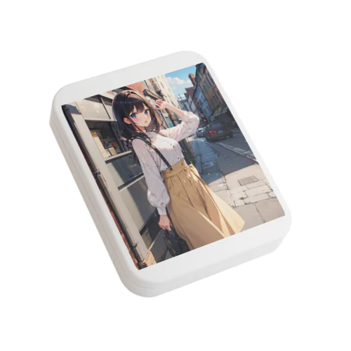 A young girl with blue hair. She is holding a black purse and looking up. A cute girl with blue hair,wearing a yellow sk Flat Tin Case