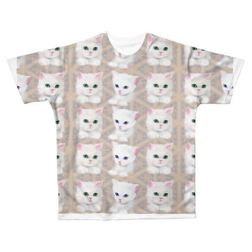 かわいい白猫と北欧風パターンイラスト All-Over Print T-Shirt