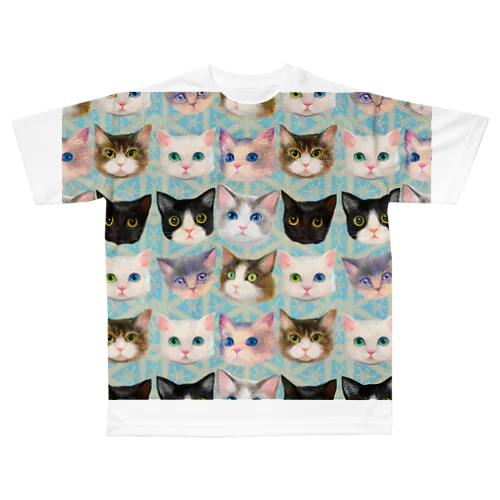 かわいい猫たちと北欧風パターンイラスト All-Over Print T-Shirt