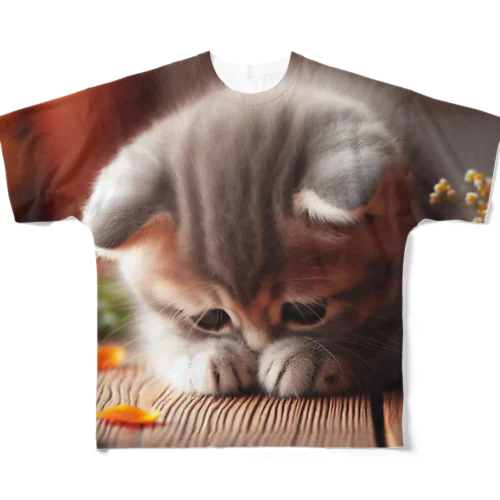 花瓶を倒して意気消沈のこにゃんこ All-Over Print T-Shirt