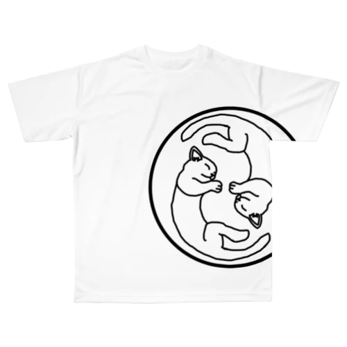 眠る猫二つ巴(黒) All-Over Print T-Shirt