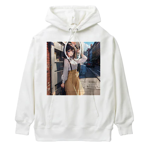 A young girl with blue hair. She is holding a black purse and looking up. A cute girl with blue hair,wearing a yellow sk Heavyweight Hoodie