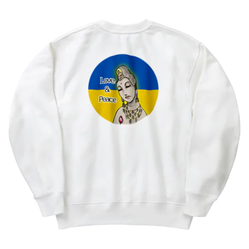 Love＆Peace観世音菩薩ウクライナ国旗背景 Heavyweight Crew Neck Sweatshirt