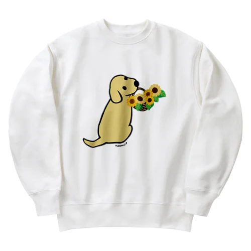 振り向くイエローラブラドールとひまわり Heavyweight Crew Neck Sweatshirt