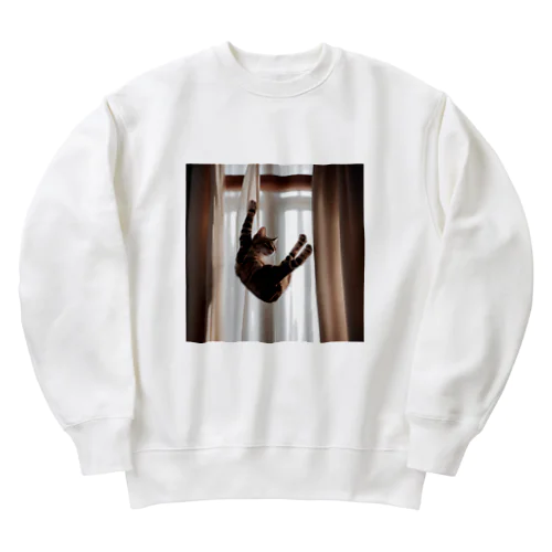 カーテンにつかまっているネコ Heavyweight Crew Neck Sweatshirt
