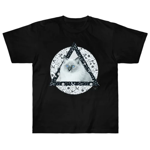 もふもふ白猫ドットコラージュブラックトライアングル&ホワイトサークル Heavyweight T-Shirt