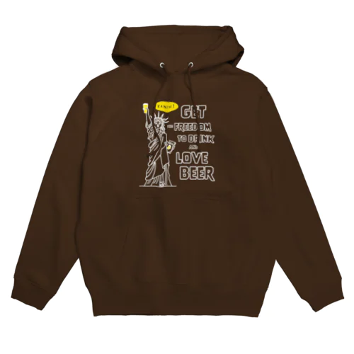 彫刻 × BEER（自由の女神・ビールを飲み愛する自由をその手に）*前ポッケパーカー用イラスト小さめver.白線画-袋文字 Hoodie