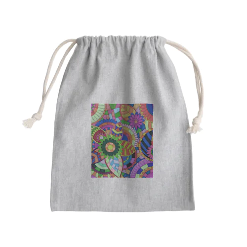 障害者アート 手描きイラスト 曼荼羅 花 カラフル Mini Drawstring Bag