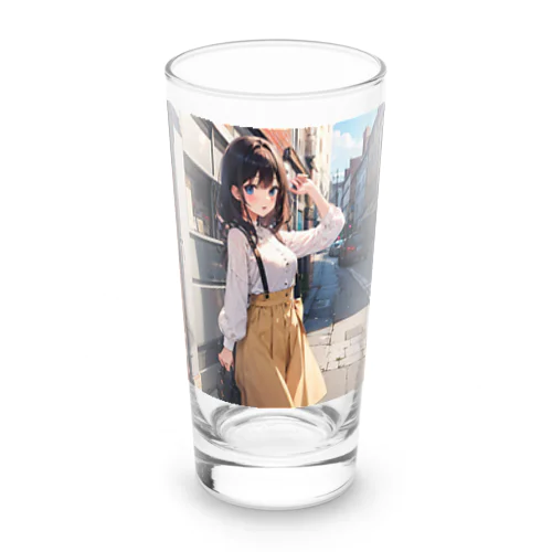 A young girl with blue hair. She is holding a black purse and looking up. A cute girl with blue hair,wearing a yellow sk Long Sized Water Glass