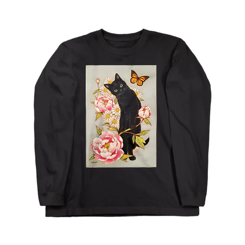 ピンクの牡丹と黒猫 Long Sleeve T-Shirt