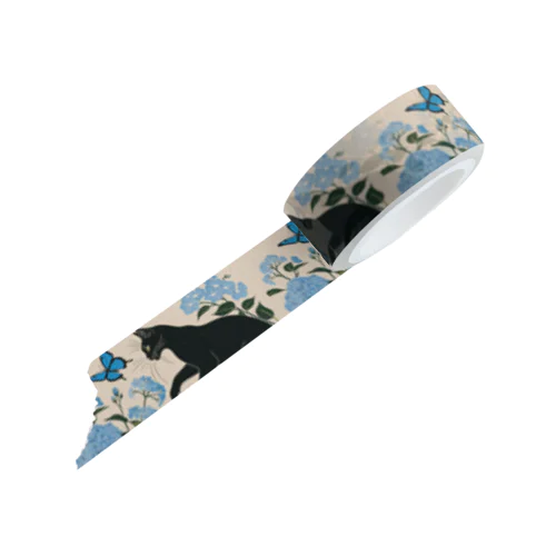 蝶を追いかける黒猫と青い花 Masking Tape