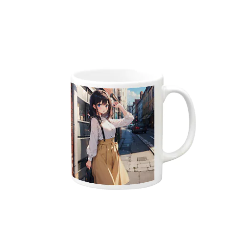 A young girl with blue hair. She is holding a black purse and looking up. A cute girl with blue hair,wearing a yellow sk Mug