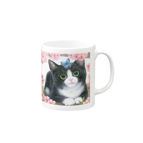 花見猫♪ハチワレ猫と蝶 Mug