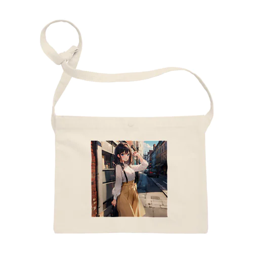 A young girl with blue hair. She is holding a black purse and looking up. A cute girl with blue hair,wearing a yellow sk Sacoche