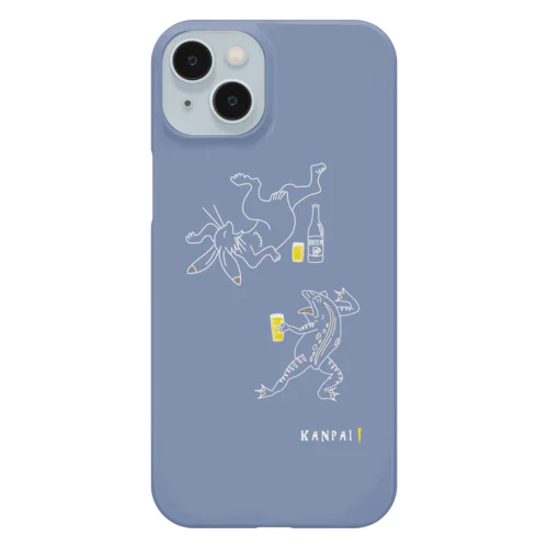 名画 × BEER（鳥獣戯画）白線画-ブルーグレー iPhone Smartphone Case