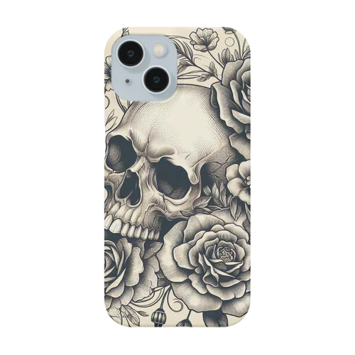 モノクロ 花とスカル iPhone Smartphone Case