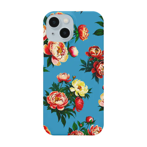 【青】レトロな台湾花布風牡丹 iPhone Smartphone Case