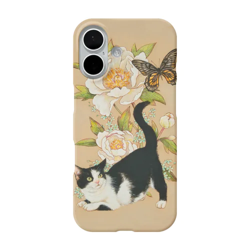 白い牡丹とハチワレ猫 iPhone Smartphone Case