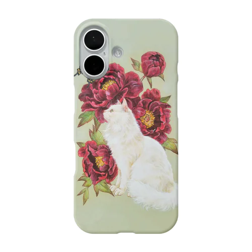 黒い牡丹と白猫 iPhone Smartphone Case