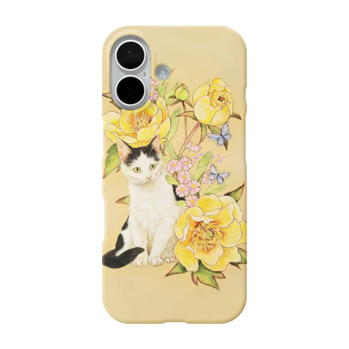 黄色い牡丹と富士額猫 iPhone Smartphone Case