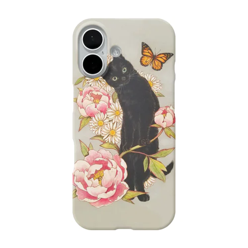 ピンクの牡丹と黒猫 iPhone Smartphone Case