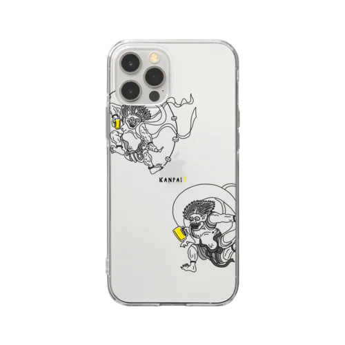 名画 × BEER（風神雷神）黒線画-透明 Soft Clear Smartphone Case