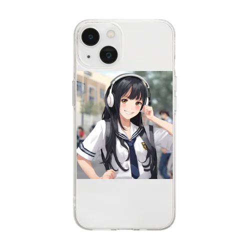 笑顔のセーラー服女子高生　ヘッドフォン Soft Clear Smartphone Case