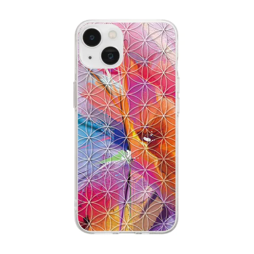 フラワーオブライフ【幸運、運気アップ】iPhoneケース、芸術的カラフル花柄 Soft Clear Smartphone Case