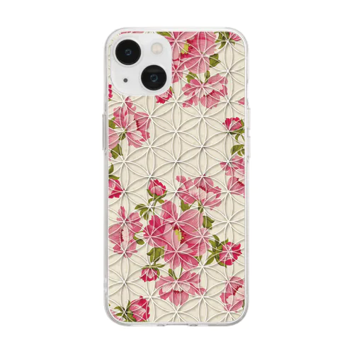 フラワーオブライフ【幸運、運気アップ】iPhoneケース、牡丹レトロ、かわいいピンク花柄 Soft Clear Smartphone Case