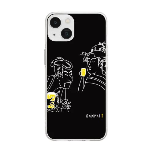 名画 × BEER（浮世絵男女）白線画-ブラック Soft Clear Smartphone Case