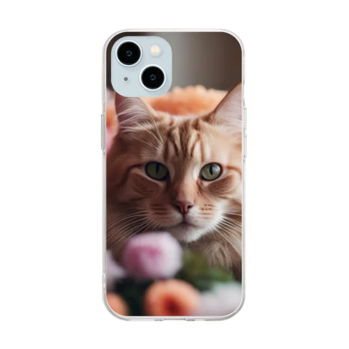 花束の中でくつろいでいるネコ[カラー] Soft Clear Smartphone Case
