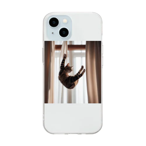 カーテンにつかまっているネコ Soft Clear Smartphone Case