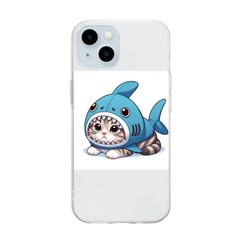 サメのフードを被った可愛らしい子猫 Soft Clear Smartphone Case