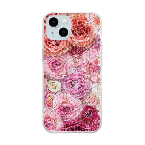 フラワーオブライフ【幸運、運気アップ】iPhoneケース、バラ柄、鮮やかなピンク花柄 Soft Clear Smartphone Case