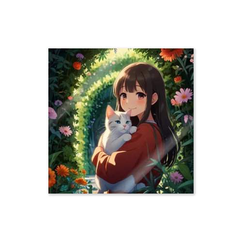 花のトンネルの中で猫を抱っこしている女の子 Sticker