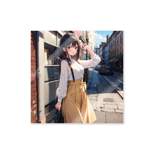 A young girl with blue hair. She is holding a black purse and looking up. A cute girl with blue hair,wearing a yellow sk Sticker